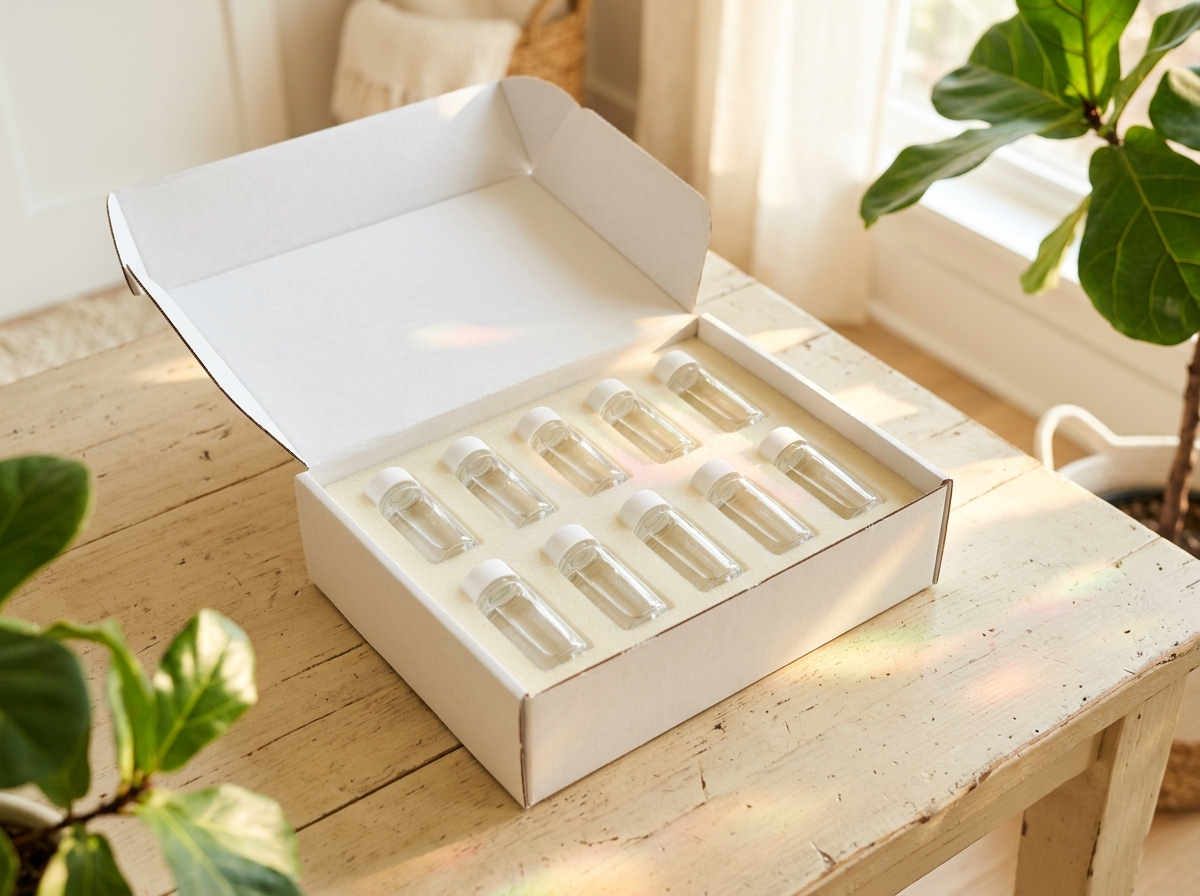 An open shipping carton with foam inserts and vials