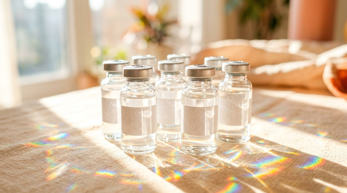 Sealed glass vials of clear water in bright sunlight, throwing rainbow caustics