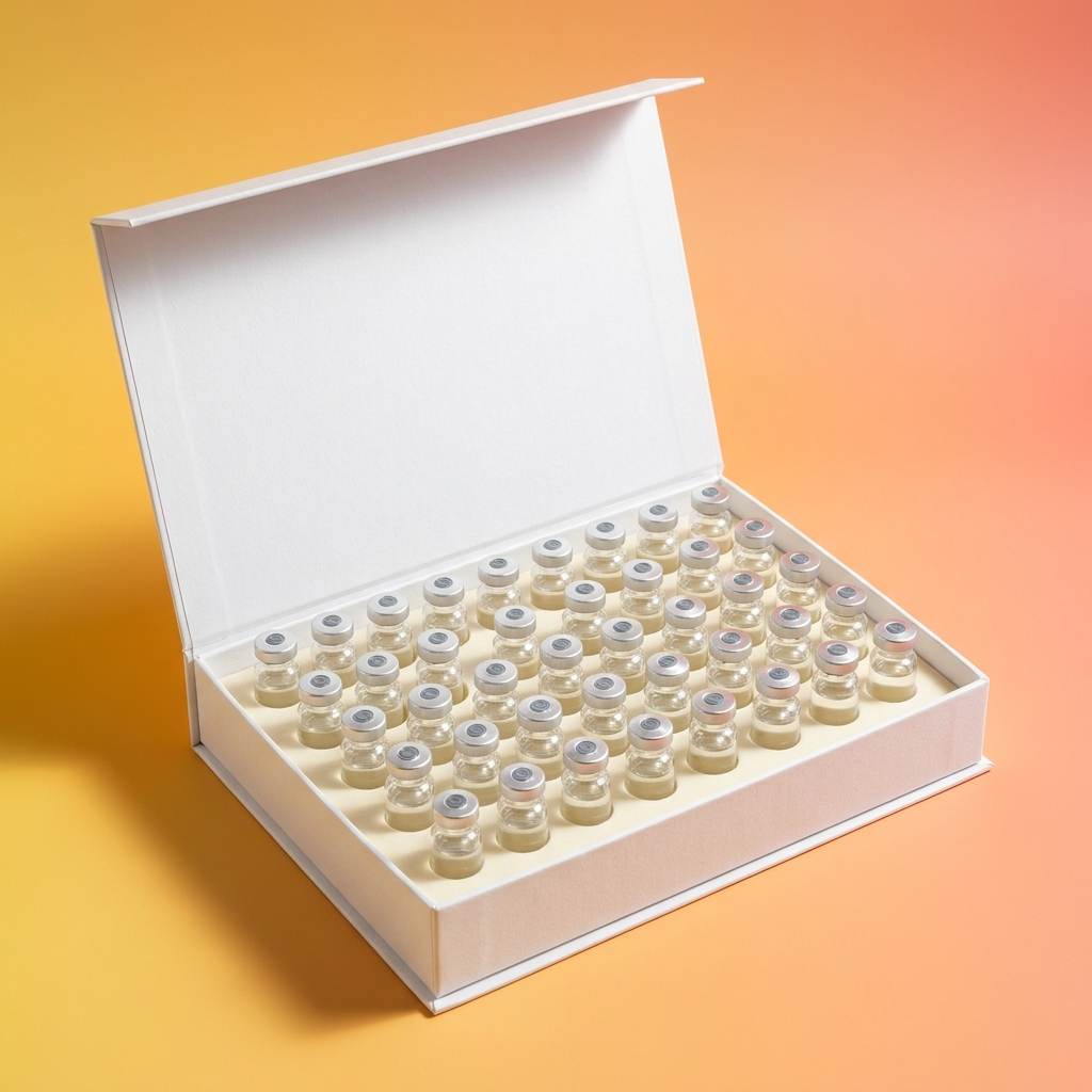 An open case of sealed glass vials seated in a moulded foam insert