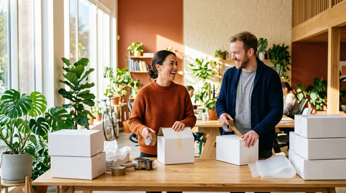 Two colleagues laughing while packing orders in a sunlit workspace